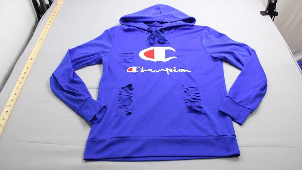 Champion Distressed Graphic Hoodie Sweatshirt Mens M Blue Cutout Hooded